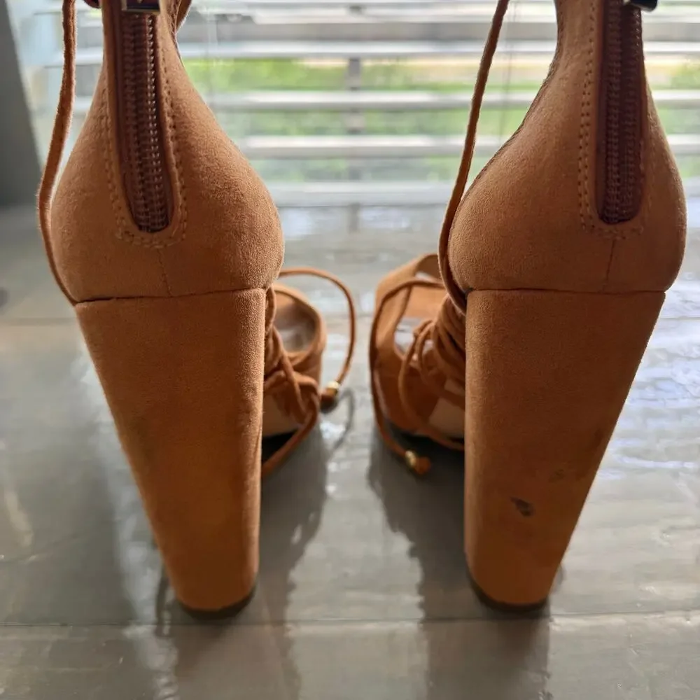 Nicole by Nicole Miller Camel Open Toe Sophia Block Heel Wedges Sz 8.5